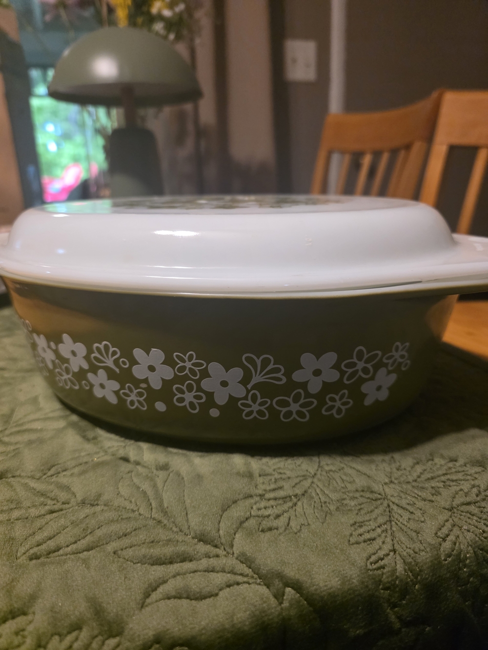 Vintage Pyrex Olive Green Floral Covered Casserole Dish